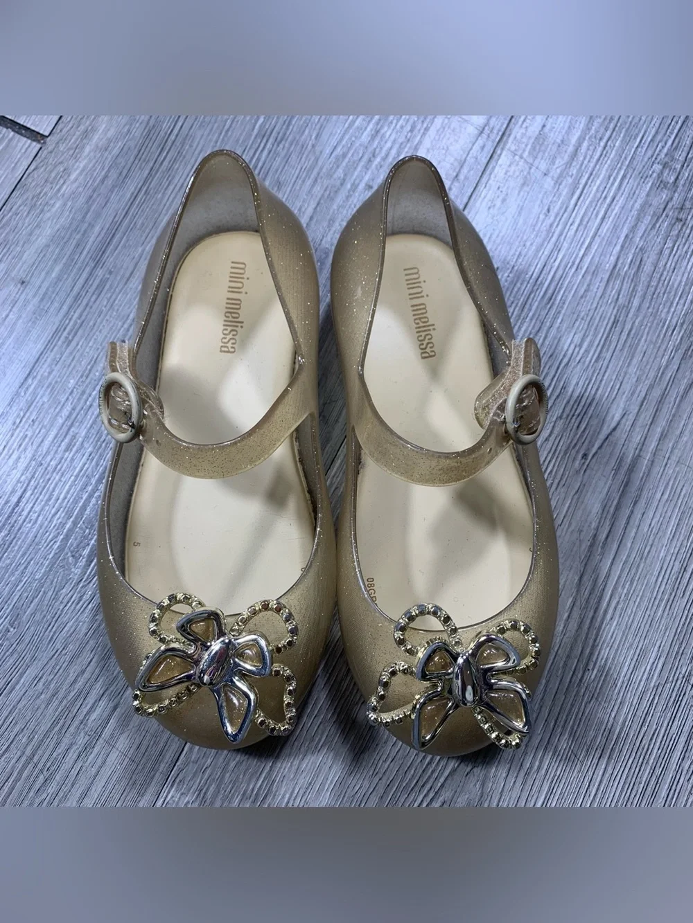 Mini Melissa Gold Sparkle Sweet Live Butterfly Mary Jane Jelly Shoes size 10
